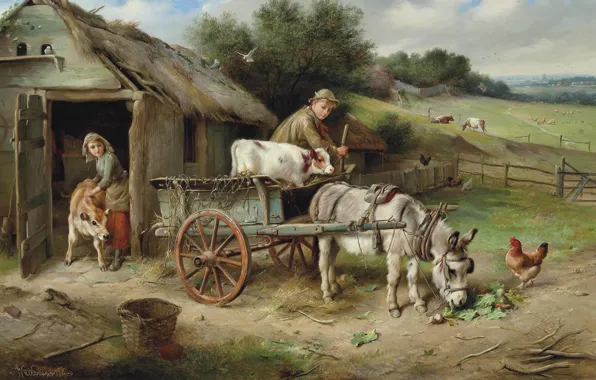 Picture British artist, 1900, British painter, oil on canvas, Walter Hunt, Walter Hunt, The market, Off …
