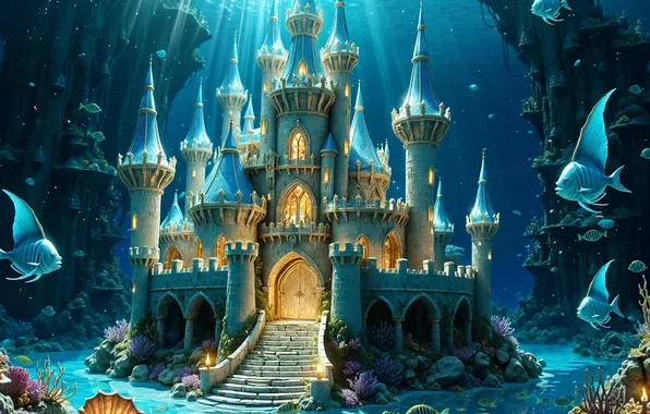 Light, fish, castle, underwater world