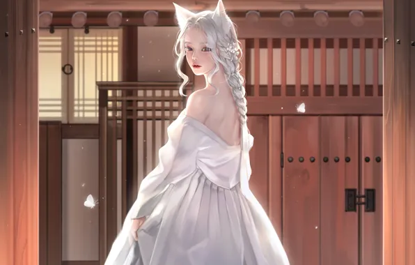 Butterfly, Japan, door, neckline, temple, braid, priestess, cat ears