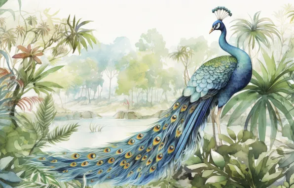 Leaves, tropics, bird, shore, plants, feathers, garden, watercolor
