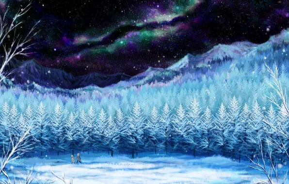 Winter, the sky, girl, stars, snow, trees, landscape, night