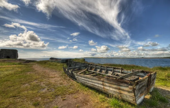 Picture sea, grass, clouds, boat, the skeleton, track, path