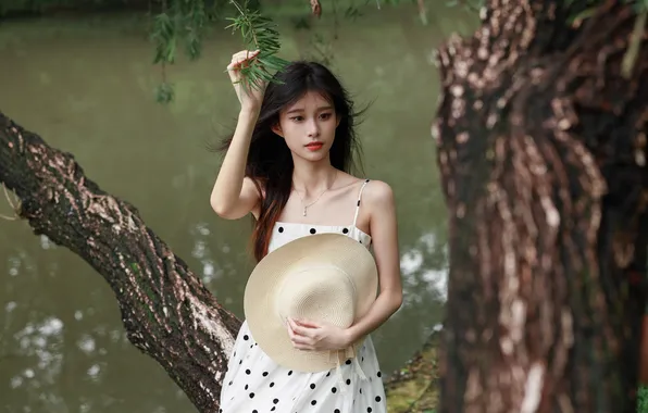Beautiful, Asian, Model, Tree, Water, Woman, River, Hat