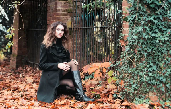 Leaves, girl, model, legs, boots, coat, Clear