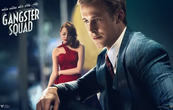 Dress, costume, tie, emma stone, ryan gosling, sgt. jerry wooters, Ryan Gosling, gangster squad