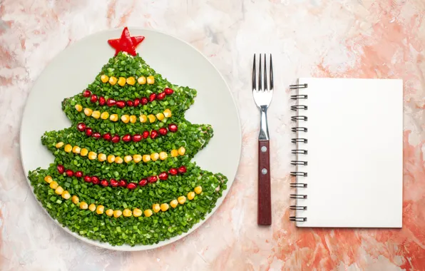 Greens, paper, table, star, plate, Christmas, New year, Notepad