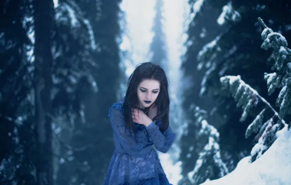 Cold, winter, forest, girl, makeup, Lichon