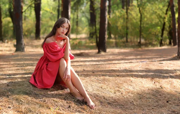 Look, girl, pose, red dress, nature, Elizabeth, Murat Kojahmetov