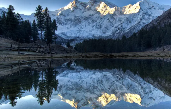 The sky, trees, mountains, lake, reflection