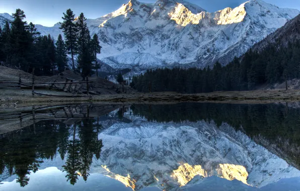 Picture the sky, trees, mountains, lake, reflection