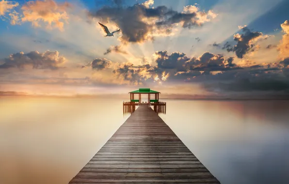 Sea, the sky, clouds, seagulls, the evening, pier, calm, dawn