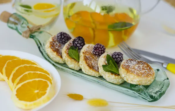 Orange, Breakfast, plate, citrus, slices, pancakes