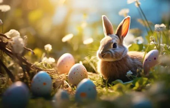 Look, light, flowers, nature, holiday, glade, hare, eggs