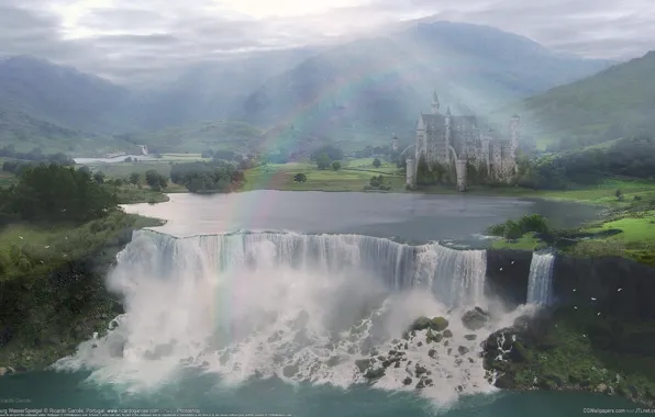 Landscape, castle, waterfall, rainbow, valley, ricardo garces