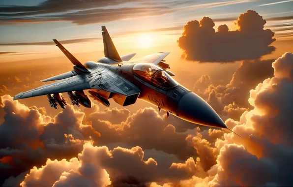 Clouds, sunset, dawn, flight, the plane, flies, combat aircraft