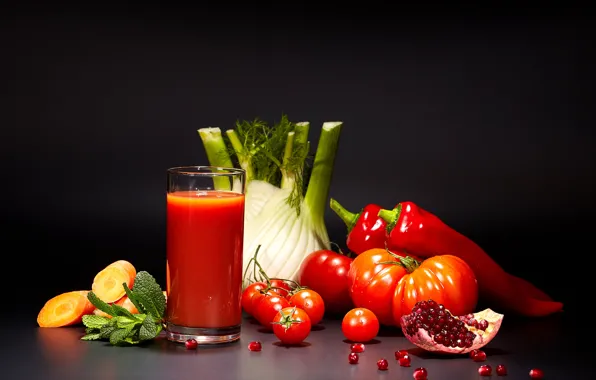 Glass, juice, pepper, black background, tomatoes, carrots, tomatoes, garnet