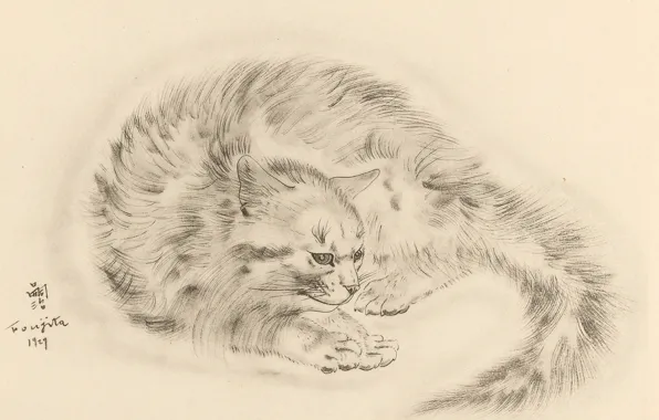 Picture cat, tail, sad, 1930, Tsuguharu Foujita, The Book Of Cats