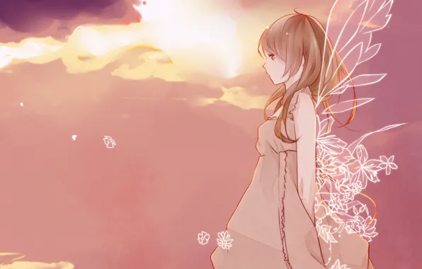 Picture the sky, girl, clouds, flowers, wings, anime, art, sekiyu