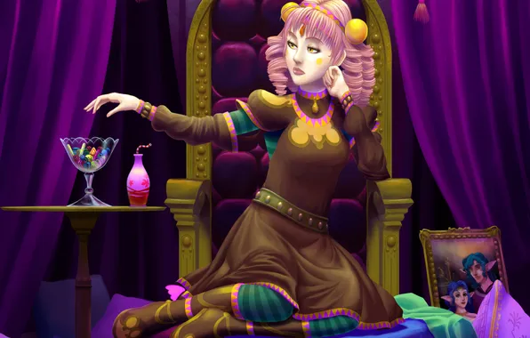 Picture portrait, Girl, elves, candy, sweets, sitting, the throne, a clown outfit