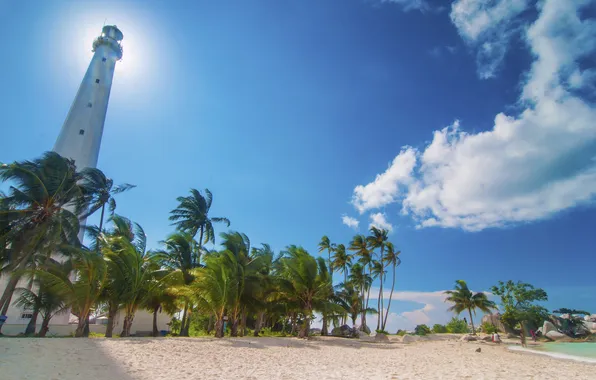 Beach, palm trees, lighthouse, Indonesia, Indonesia