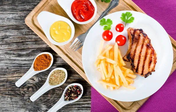 Food, plate, meat, wood, ketchup, napkin, spices, grill