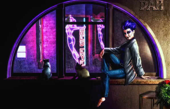 Girl, cyberpunk, window, cats, game art, sci-fi art, mist-land, paradise cracked