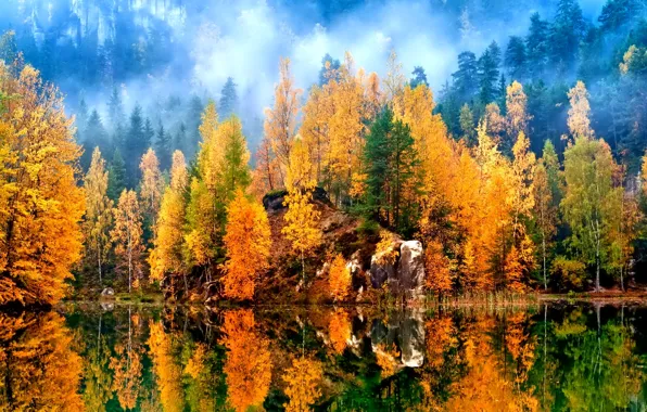 Autumn, forest, mountains, lake