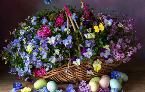 Flowers, butterfly, basket, eggs, eggs, Pansy, Viola tricolor, Yana Slutskaya