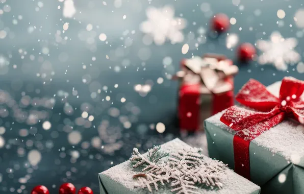 Winter, snow, snowflakes, blur, texture, Christmas, gifts, New year