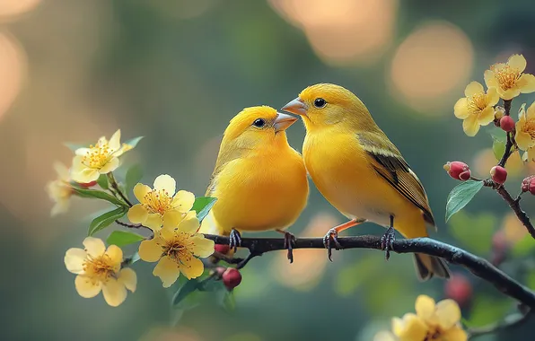 Flowers, birds, spring, yellow, a couple, flowering, bokeh, Canary