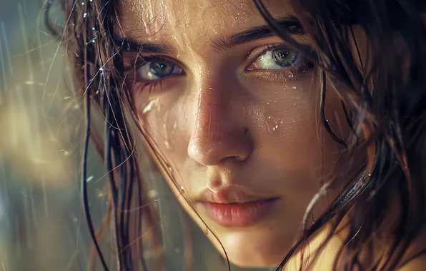 Picture look, water, girl, drops, squirt, close-up, face, portrait