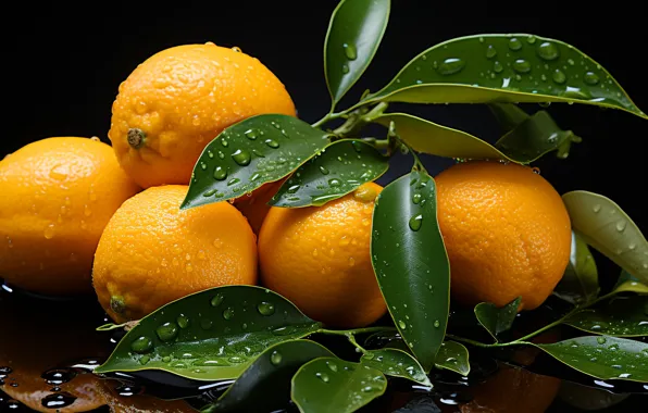 Leaves, water, drops, close-up, table, moisture, oranges, fruit