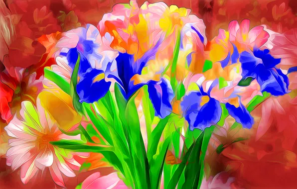 Leaves, line, flowers, rendering, paint, petals
