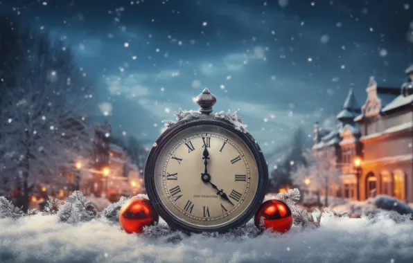 Winter, snow, night, time, watch, Christmas, panorama, New year