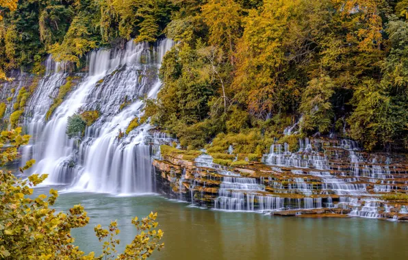 Picture autumn, trees, branches, stones, rocks, foliage, waterfall, stream