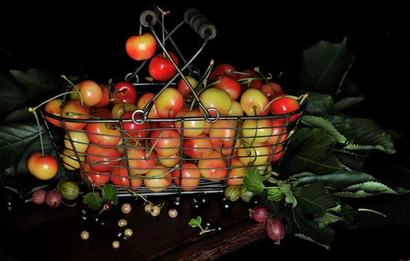 Picture leaves, berries, basket, still life, gooseberry, cherry