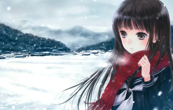 Winter, girl, snow, mountains, the city, anime, scarf, art