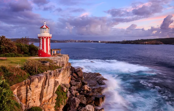 Sea, the sky, clouds, the city, stones, rocks, coast, lighthouse