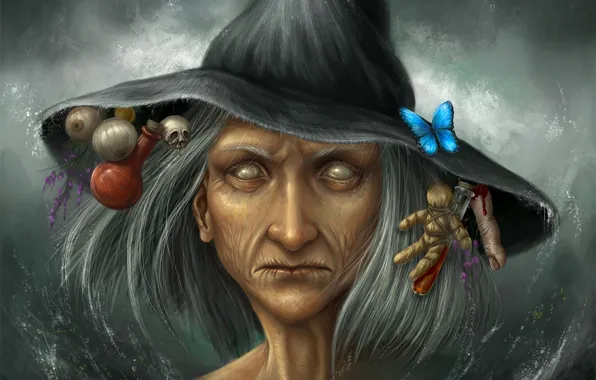 Picture face, butterfly, skull, hat, doll, art, finger, witch