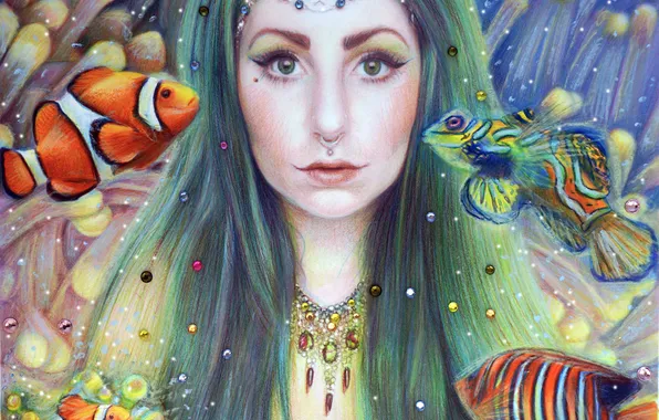 Look, water, girl, fish, hair, art