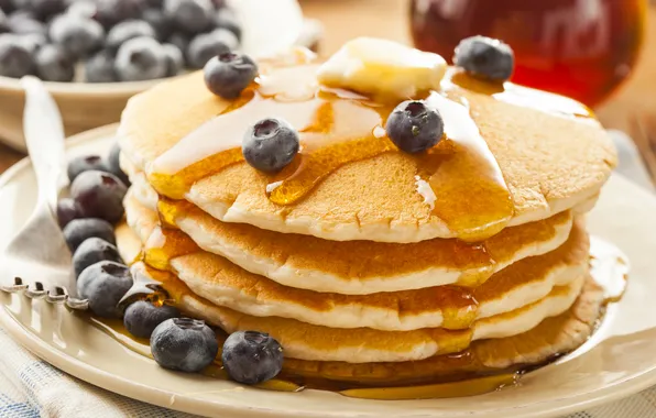 Picture berries, food, blueberries, honey, plate, honey, pancakes, pancakes