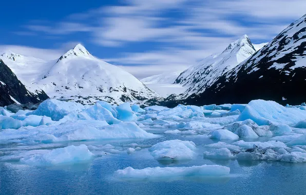 Water, snow, mountains, tops, glacier, Alaska, Alaska, Portage Glacier