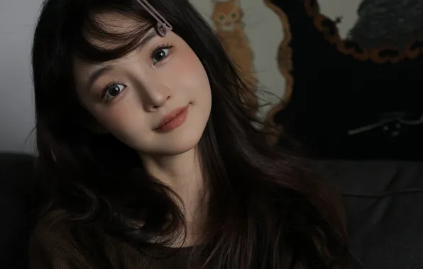 Dark, Beautiful, Asian, Model, Smile, Woman, Sofa, Cute
