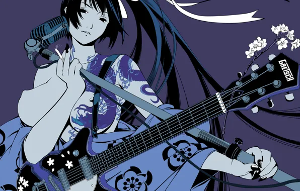 Picture purple, girl, guitar, microphone