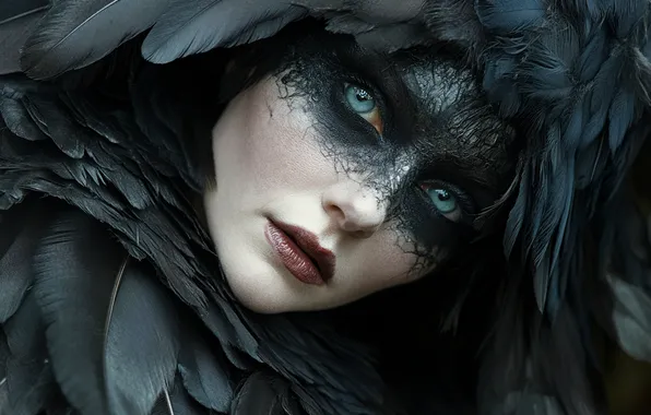 Girl, face, bird, woman, portrait, feathers, fantasy, blue eyes