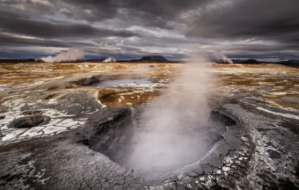 Landscape, clouds, lake, smoke, pit, Iceland, sulfur