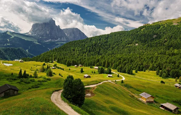 Picture house, forest, road, sky, field, landscape, Italy, nature