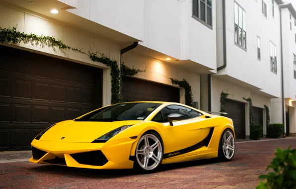 Picture the building, Lamborghini, Superleggera, Gallardo, yellow, Lamborghini, yellow, garages