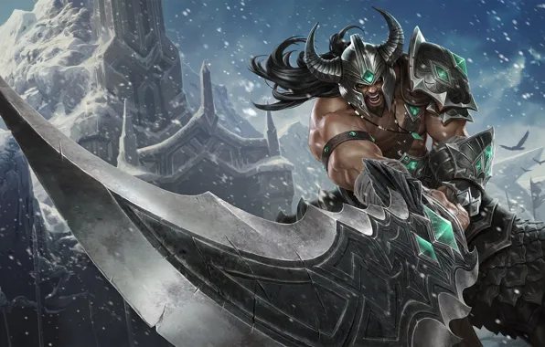Picture snow, rocks, sword, armor, warrior, rage, League of Legends, Tryndamere