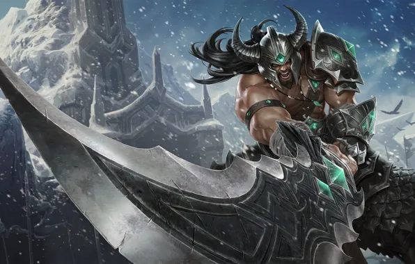 Snow, rocks, sword, armor, warrior, rage, League of Legends, Tryndamere